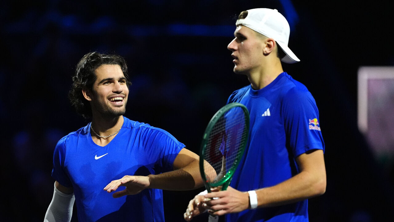 Team Europe's Carlos Alcaraz and Jakub Mensik in the men's doubles group stage match against Team World's Taylor Fritz and Alexander Bublik on day one of the Laver Cup at The O2, London. Picture date: Friday September 25, 2026.
