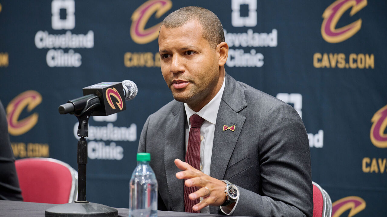 CLEVELAND, OHIO - OCTOBER 02: General manager Koby Altman of the Cleveland Cavaliers is interviewed during media day at Rocket Mortgage Fieldhouse on October 02, 2023 in Cleveland, Ohio.