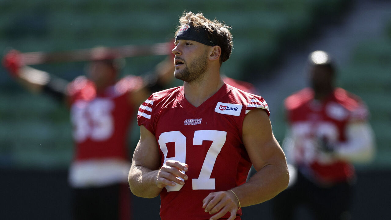 San Francisco 49ers' defencive end #97 Nick Bosa attends a training session at AAMI Park in Melbourne on September 9, 2026. The first-ever regular-season NFL game in Australia takes place at the Melbourne Cricket Ground on September 11, 2026, featuring the San Francisco 49ers and the Los Angeles Rams. / -- IMAGE RESTRICTED TO EDITORIAL USE - STRICTLY NO COMMERCIAL USE --
