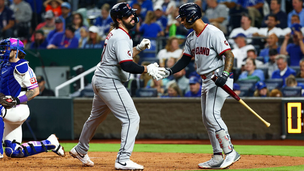 KANSAS CITY, MO - SEPTEMBER 25: Austin Hedges #27 of the Cleveland Guardians celebrates with teammate Brayan Rocchio #4 after hitting a home run in the second inning during the game between the Cleveland Guardians and the Kansas City Royals at Kauffman Stadium on Friday, September 25, 2026 in Kansas City, Missouri.