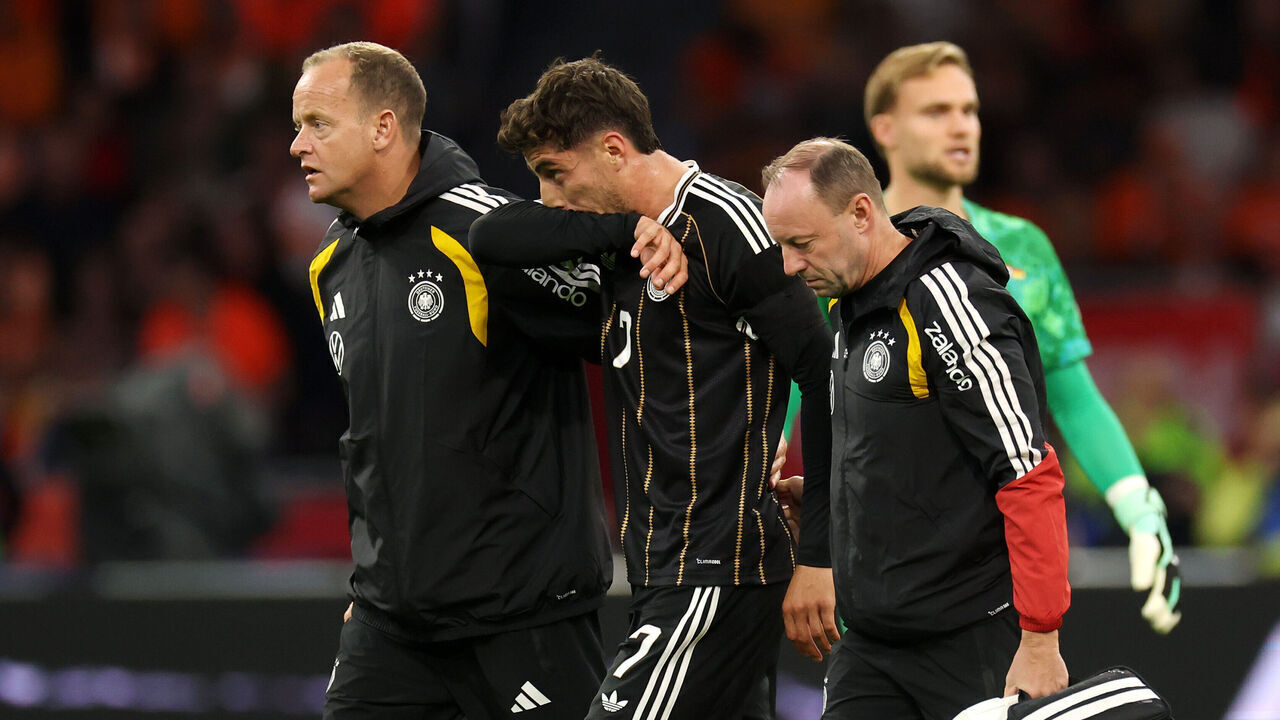 AMSTERDAM, NETHERLANDS - SEPTEMBER 24: Kai Havertz of Germany is substituted after sustaining an injury during the UEFA Nations League 2026/27 group phase match between Netherlands and Germany at Johan Cruijff Arena on September 24, 2026 in Amsterdam, Netherlands.