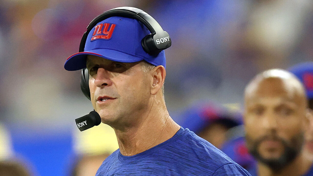 INGLEWOOD, CALIFORNIA - SEPTEMBER 21: Head coach John Harbaugh of the New York Giants looks on against the Los Angeles Rams during the fourth quarter of the game at SoFi Stadium on September 21, 2026 in Inglewood, California.