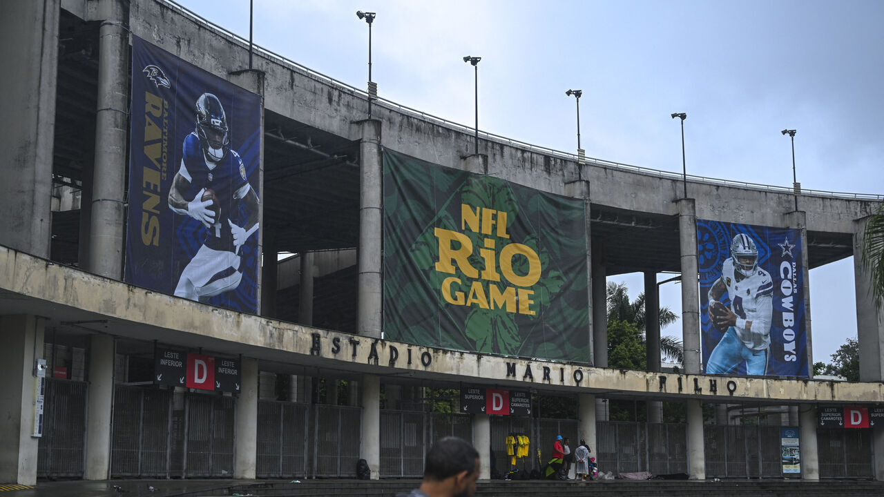 The main entrance of Maracana stadium displays banners announcing the upcoming NFL game between Baltimore Ravens and Dallas Cowboys next Sunday, September 27, in Rio de Janeiro, Brazil, on September 23, 2026.