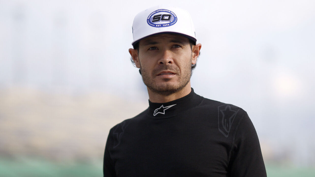 KANSAS CITY, KANSAS - SEPTEMBER 26: Kyle Larson, driver of the #5 HendrickCars.com Chevrolet, looks on during practice for the NASCAR Cup Series Hollywood Casino 400 at Kansas Speedway on September 26, 2026 in Kansas City, Kansas.