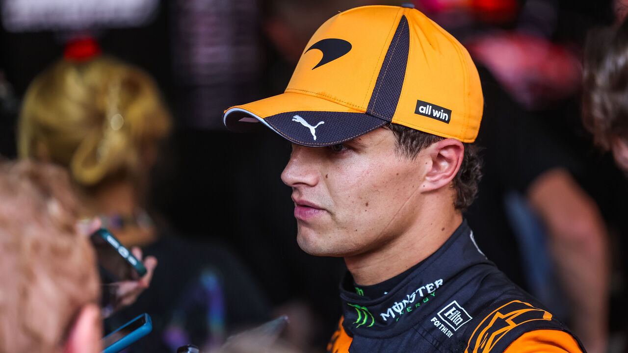 BAKU, AZERBAIJAN - SEPTEMBER 26: Lando Norris of Great Britain and McLaren Mastercard F1 Team answers questions in the TV media pen during the F1 Grand Prix of Azerbaijan at Baku City Circuit on September 26, 2026 in Baku, Azerbaijan.