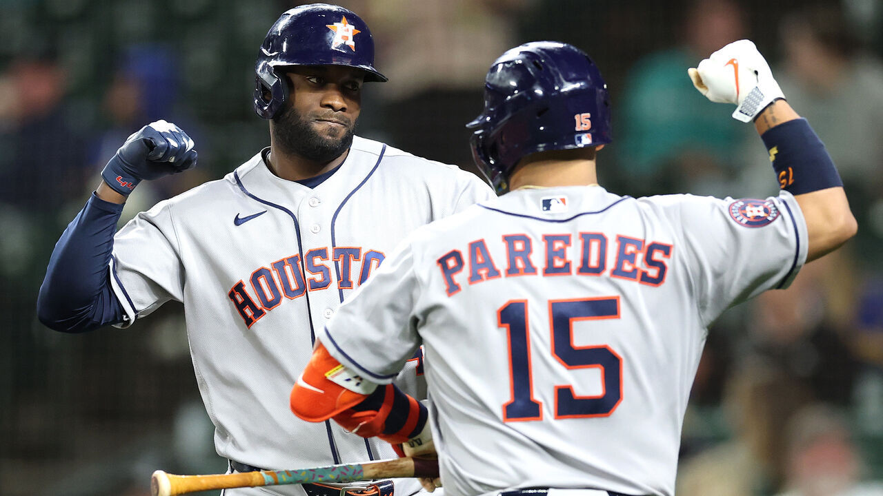 SEATTLE, WASHINGTON - SEPTEMBER 22: Yordan Alvarez #44 of the Houston Astros celebrates his two run home run with Isaac Paredes #15 against the Seattle Mariners during the eighth inning at T-Mobile Park on September 22, 2026 in Seattle, Washington.