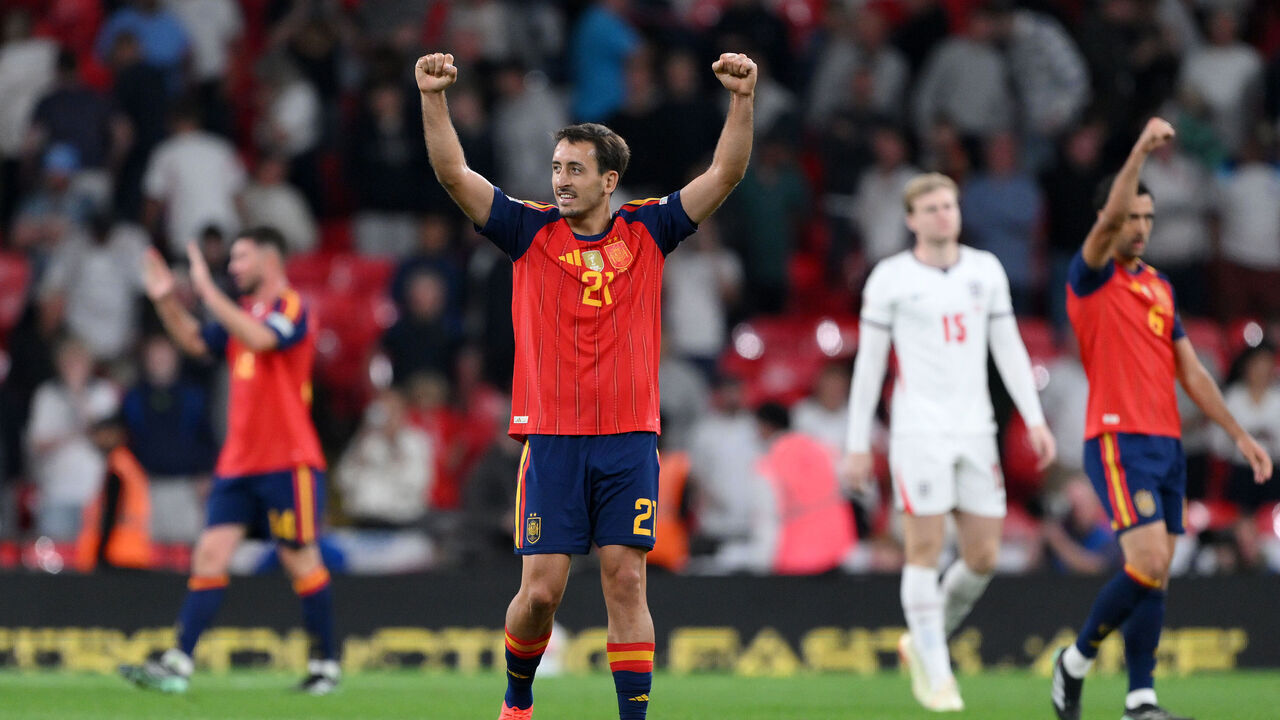 LONDON, ENGLAND - SEPTEMBER 26: Mikel Oyarzabal of Spain celebrates after the UEFA Nations League 2026/27 group phase match between England and Spain at Wembley Stadium on September 26, 2026 in London, England.