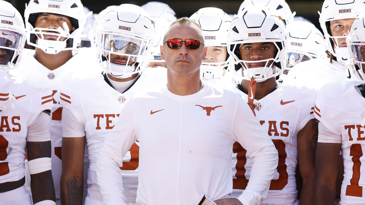 KNOXVILLE, TENNESSEE - SEPTEMBER 26: Head Coach Steve Sarkisian of the Texas Longhorns looks on prior to the game against the Tennessee Volunteers at Neyland Stadium on September 26, 2026 in Knoxville, Tennessee.