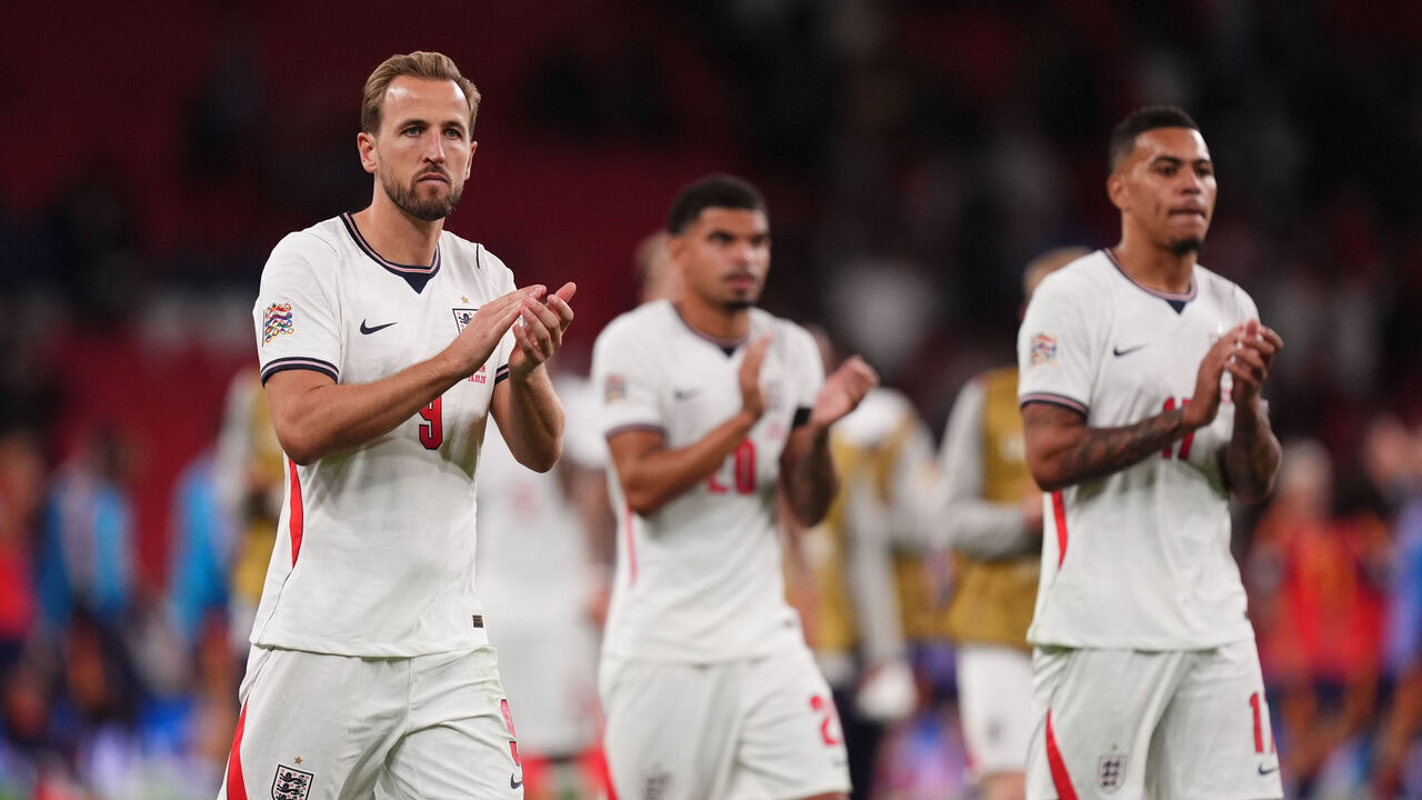 (left to right) England's Harry Kane, Morgan Gibbs-White, and Morgan Rogers applaud the fans after the UEFA Nations League, league phase, group A3 match at Wembley Stadium, London. Picture date: Saturday September 26, 2026.
