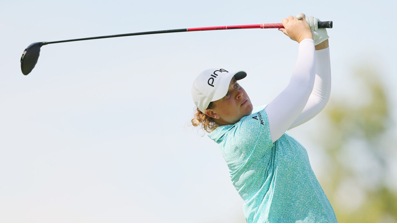 ROGERS, ARKANSAS - SEPTEMBER 25: Lauren Coughlin of the United States plays her shot from the 16th tee during the first round of the Walmart NW Arkansas Championship presented by P&G 2026 at Pinnacle Country Club on September 25, 2026 in Rogers, Arkansas.