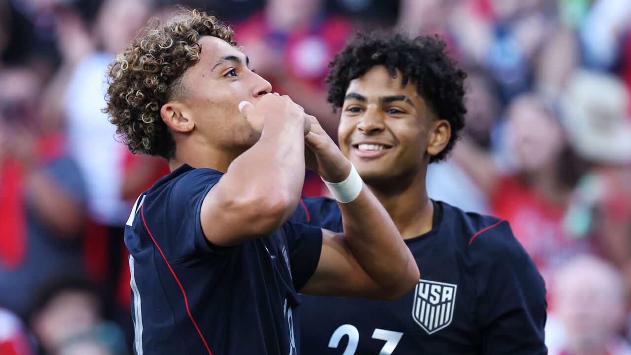 ORLANDO, FLORIDA - SEPTEMBER 26: Julian Hall #19 of United States celebrates scoring his team's third goal during the International Friendly match between United States and Peru at Inter.co Stadium on September 26, 2026 in Orlando, Florida.