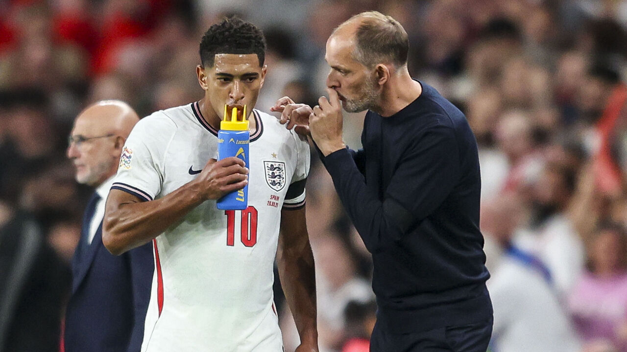 LONDON, ENGLAND - SEPTEMBER 26: Head Coach Thomas Tuchel with Jude Bellingham of England during the UEFA Nations League 2026/27 group phase match between England and Spain at Wembley Stadium on September 26, 2026 in London, England.