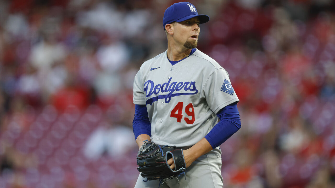CINCINNATI, OHIO - SEPTEMBER 16: Blake Treinen #49 of the Los Angeles Dodgers gets set to throw a pitch in the second inning during a game against the Cincinnati Reds at Great American Ball Park on September 16, 2026 in Cincinnati, Ohio.