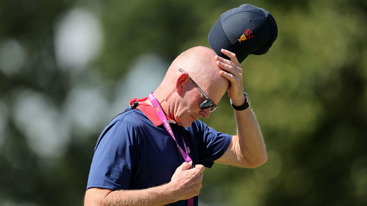 MEDINAH, ILLINOIS - SEPTEMBER 26: Captain Brandt Snedeker of the U.S. Team reacts on the 17th green during Saturday's Four-ball matches on day three of the Presidents Cup 2026 at Medinah Country Club on September 26, 2026 in Medinah, Illinois.
