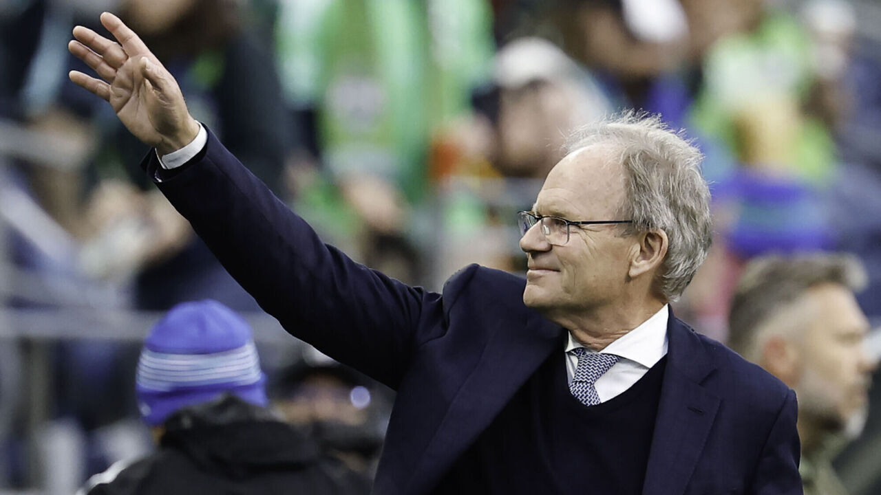 SEATTLE, WASHINGTON - SEPTEMBER 26: Head coach Brian Schmetzer of the Seattle Sounders waves during the first half of the match against the Minnesota United at Lumen Field on September 26, 2026 in Seattle, Washington.