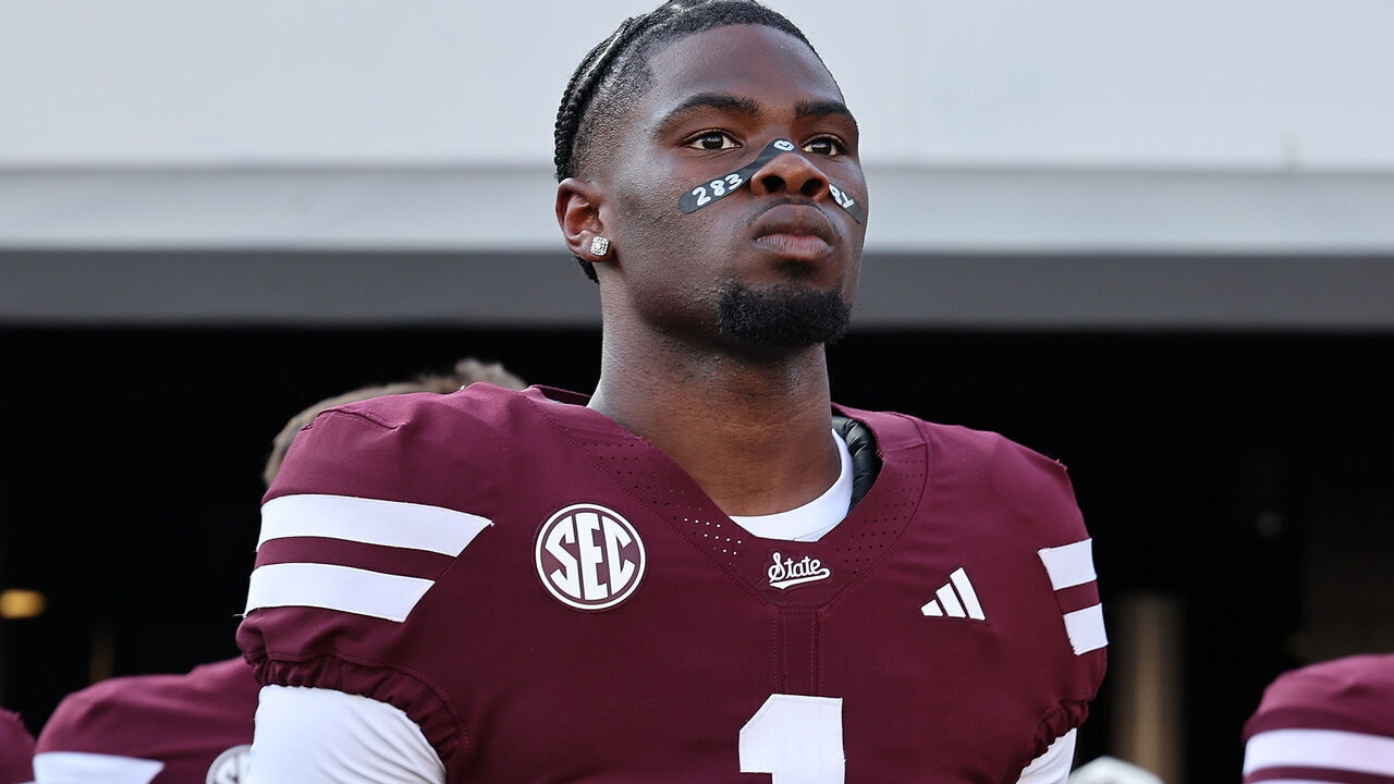 STARKVILLE, MISSISSIPPI - SEPTEMBER 05: Kamario Taylor #1 of the Mississippi State Bulldogs warms up before the game against the ULM Warhawks at Davis Wade Stadium on September 05, 2026 in Starkville, Mississippi.