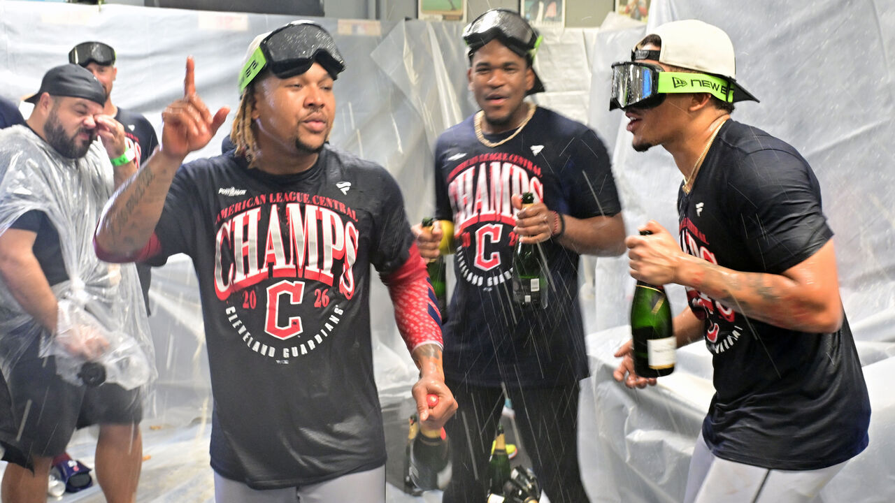 KANSAS CITY, MO - SEPTEMBER 26: Cleveland Guardians third baseman Jose Ramirez (11) celebrates winning the American League Central Division Championship after defeating the Kansas City Royals on September 26, 2026, at Kauffman Stadium in Kansas City, MO.