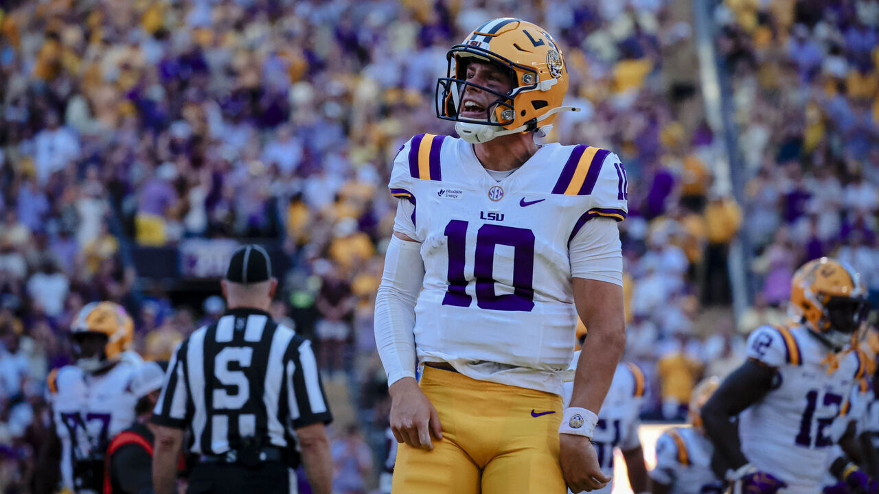 BATON ROUGE, LA - SEPTEMBER 26: Sam Leavitt #10 of the LSU Tigers celebrates after his team scores against the Texas A&M Aggies during the first half a game at Tiger Stadium on September 26, 2026 in Baton Rouge, Louisiana.