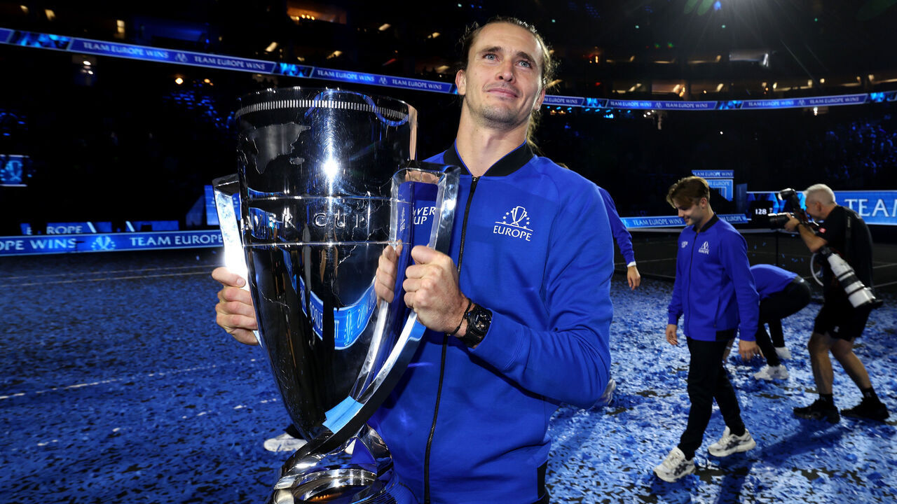 LONDON, ENGLAND - SEPTEMBER 27: Alexander Zverev of Team Europe celebrates with the Laver Cup trophy on day three of Laver Cup 2026 at The O2 on September 27, 2026 in London, England.