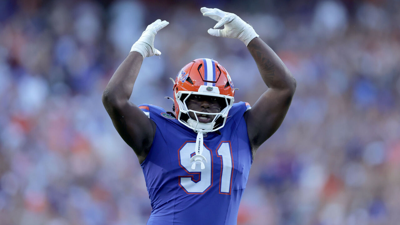 GAINESVILLE, FLORIDA - SEPTEMBER 26: Jeramiah McCloud #91 of the Florida Gators celebrates in the second half of the game between the Florida Gators and Ole Miss Rebels at Ben Hill Griffin Stadium on September 26, 2026 in Gainesville, Florida.