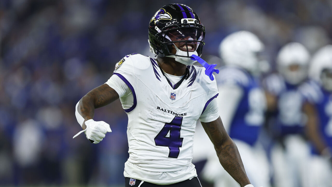 INDIANAPOLIS, IN - SEPTEMBER 13: Baltimore Ravens wide receiver Zay Flowers (4) reacts during a NFL game between the Baltimore Ravens and the Indianapolis Colts on September 13, 2026 at Lucas Oil Stadium in Indianapolis, IN.
