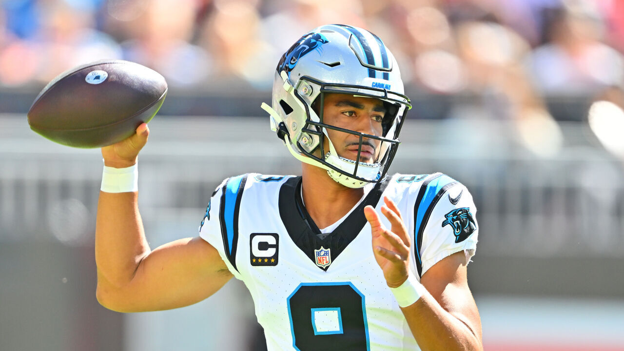 CLEVELAND, OHIO - SEPTEMBER 27: Bryce Young #9 of the Carolina Panthers attempts a pass against the Cleveland Browns during the first quarter at Huntington Bank Field on September 27, 2026 in Cleveland, Ohio.
