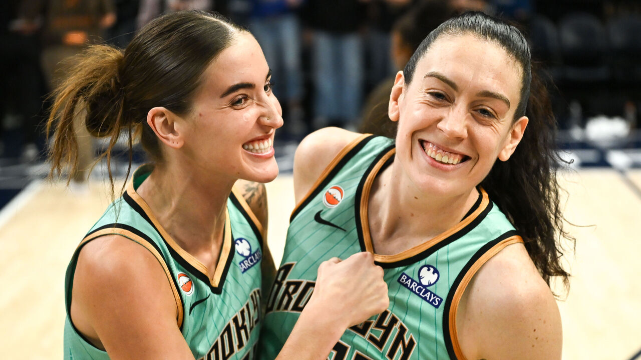MINNEAPOLIS, MINNESOTA - SEPTEMBER 27: Breanna Stewart #30 of the New York Liberty celebrates with Anneli Maley #24 after Game One of the first round of the WNBA Playoffs against the Minnesota Lynx at Target Center on September 27, 2026 in Minneapolis, Minnesota. The Liberty defeated the Lynx 91-75.