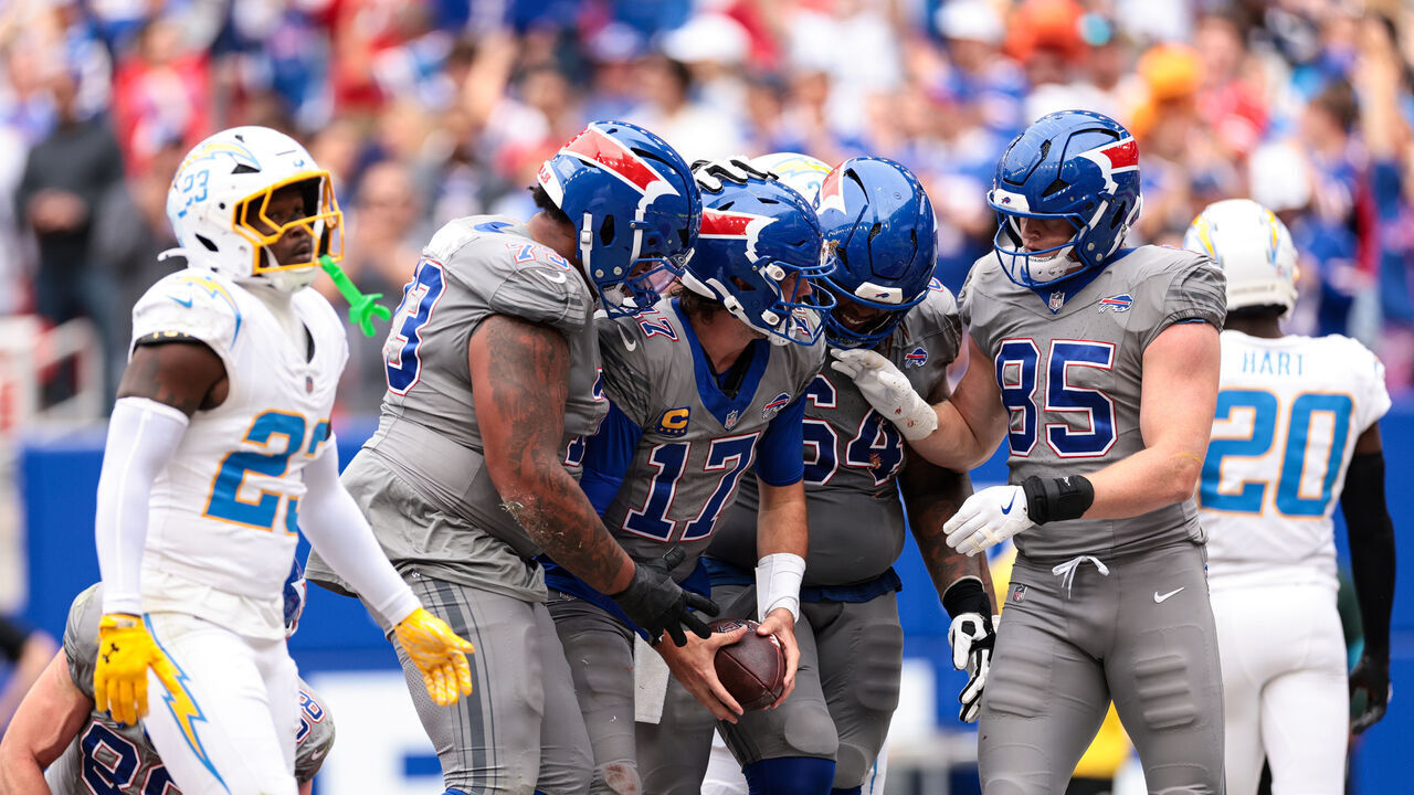 ORCHARD PARK, NEW YORK - SEPTEMBER 27: Josh Allen #17 of the Buffalo Bills celebrates with teammates after scoring a touchdown during the fourth quarter of the game against the Los Angeles Chargers at Highmark Stadium on September 27, 2026 in Orchard Park, New York.