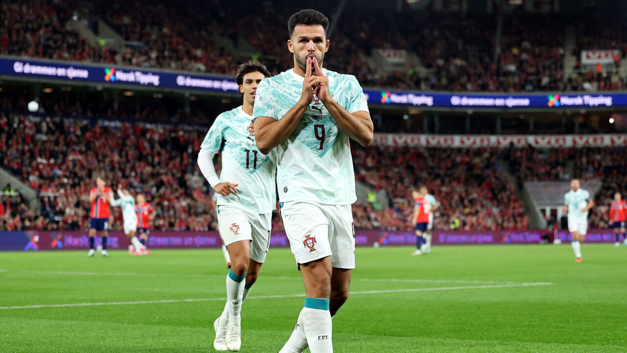 OSLO, NORWAY - SEPTEMBER 27: Goncalo Ramos of Portugal celebrates scoring his team’s second goal during the UEFA Nations League 2026/27 group phase match between Norway and Portugal at Ullevaal Stadion on September 27, 2026 in Oslo, Norway.