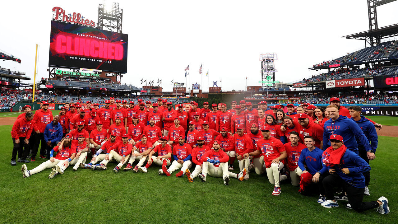 PHILADELPHIA, PENNSYLVANIA - SEPTEMBER 27: The Philadelphia Phillies pose for a team photograph after clinching a National League Wild Card spot after a game against the Tampa Bay Rays at Citizens Bank Park on September 27, 2026 in Philadelphia, Pennsylvania.