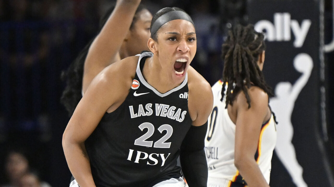 LAS VEGAS, NV - SEPTEMBER 27: A'ja Wilson #22 of the Las Vegas Aces reacts during the game against the Indiana Fever during Round One Game One of the 2026 WNBA Playoffs on September 27, 2026 at Michelob ULTRA Arena in Las Vegas, Nevada. Mandatory Copyright Notice: Copyright 2026 NBAE