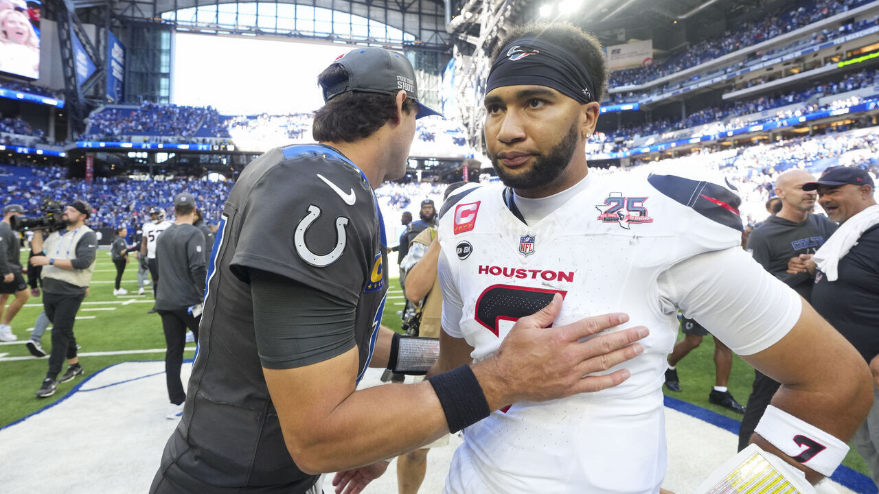 INDIANAPOLIS, INDIANA - SEPTEMBER 27: Daniel Jones #17 of the Indianapolis Colts and C.J. Stroud #7 of the Houston Texans interact after the game at Lucas Oil Stadium on September 27, 2026 in Indianapolis, Indiana.