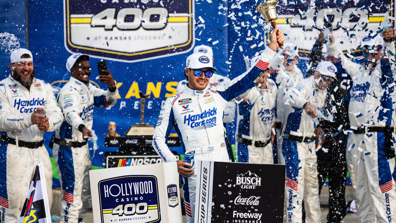 KANSAS CITY, KS - SEPTEMBER 27: Kyle Larson (#5 Hendrick Motorsports Chevrolet) celebrates in victory lane after winning the NASCAR Cup Series Playoffs Hollywood Casino 400 on Sunday, September 27, 2026, at Kansas Speedway in Kansas City, KS.