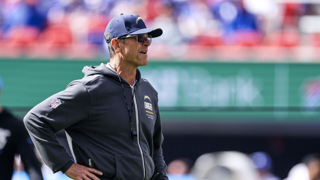 ORCHARD PARK, NEW YORK - SEPTEMBER 27: Head coach Jim Harbaugh of the Los Angeles Chargers looks on prior to a game against the Buffalo Bills at Highmark Stadium on September 27, 2026 in Orchard Park, New York.