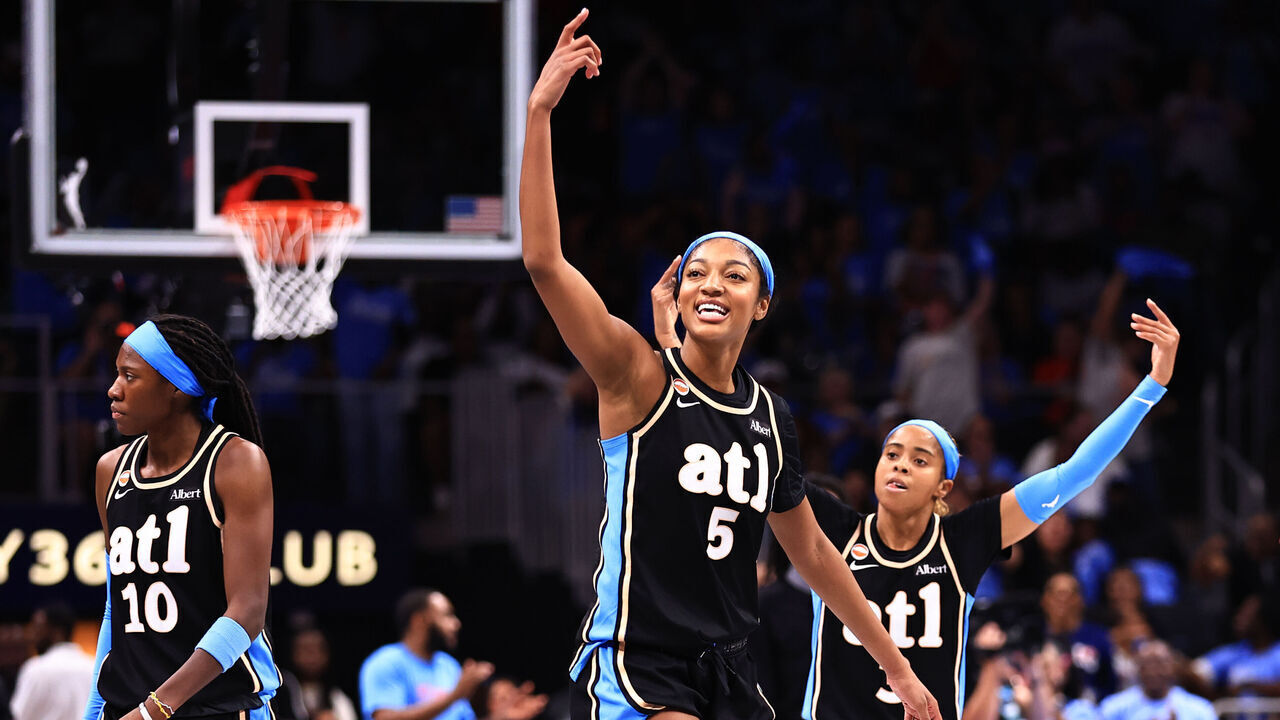 ATLANTA, GA - SEPTEMBER 27: Angel Reese #5 of the Atlanta Dream celebrates during the game against the Washington Mystics during Round One Game One of the 2026 WNBA Playoffs on September 27, 2026 at State Farm Arena in Atlanta, Georgia. Mandatory Copyright Notice: Copyright 2026 NBAE