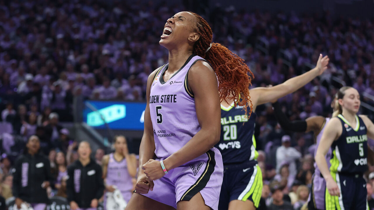 SAN FRANCISCO, CALIFORNIA - SEPTEMBER 27: Kayla Thornton #5 of the Golden State Valkyries reacts after a play in the third quarter against the Dallas Wings in Game 1 of the first round of the WNBA Playoffs at Chase Center on September 27, 2026 in San Francisco, California.