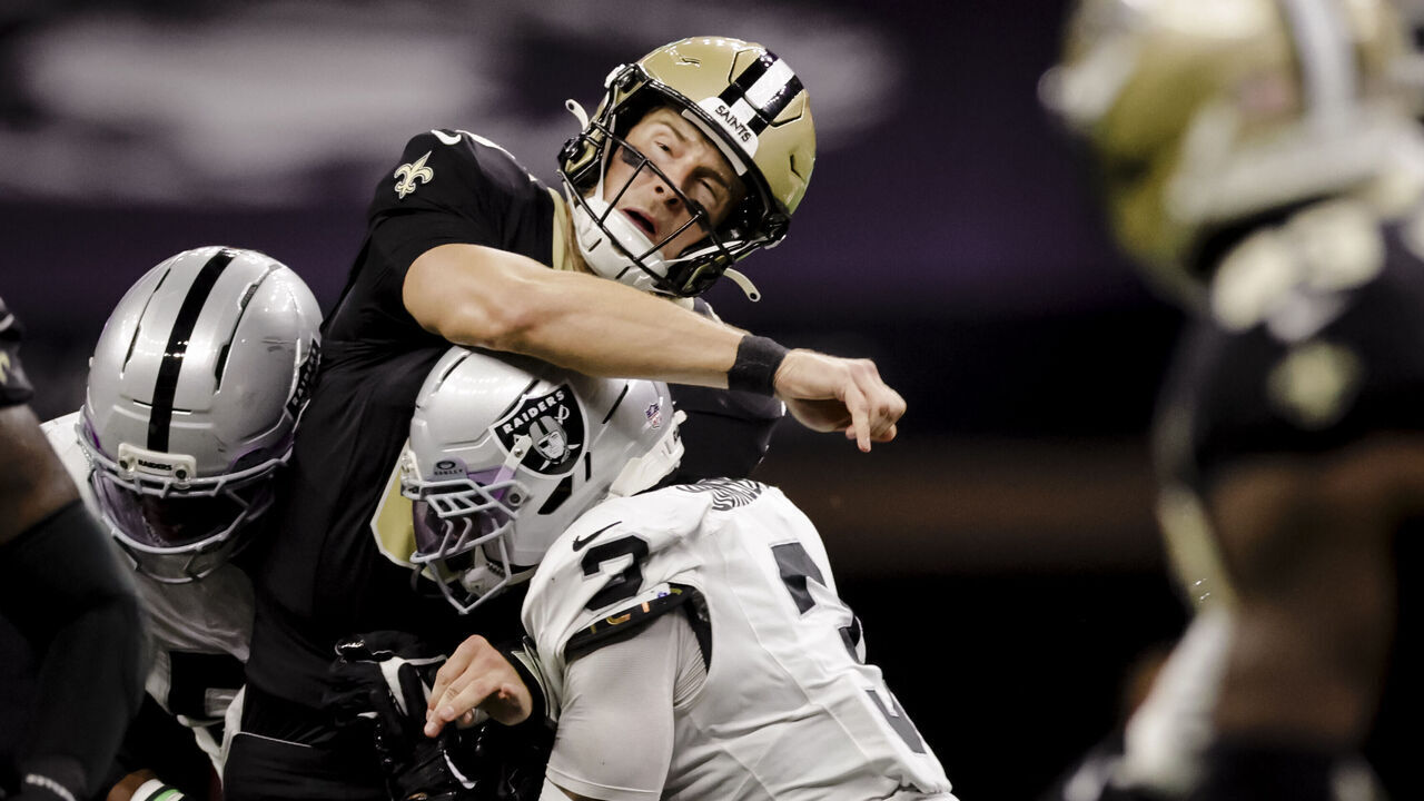 NEW ORLEANS, LA - SEPTEMBER 27: Taron Johnson #3 of the Las Vegas Raiders hits Tyler Shough #6 of the New Orleans Saints causing a fumble during the second half of an NFL game on September 27. 2026, at Caesars Superdome in New Orleans, Louisiana.