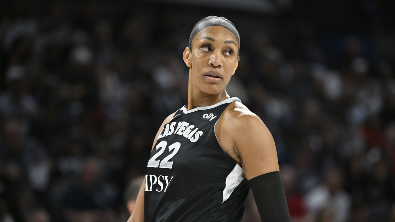 LAS VEGAS, NV - SEPTEMBER 27: A'ja Wilson #22 of the Las Vegas Aces looks on during the game against the Indiana Fever during Round One Game One of the 2026 WNBA Playoffs on September 27, 2026 at Michelob ULTRA Arena in Las Vegas, Nevada. Mandatory Copyright Notice: Copyright 2026 NBAE
