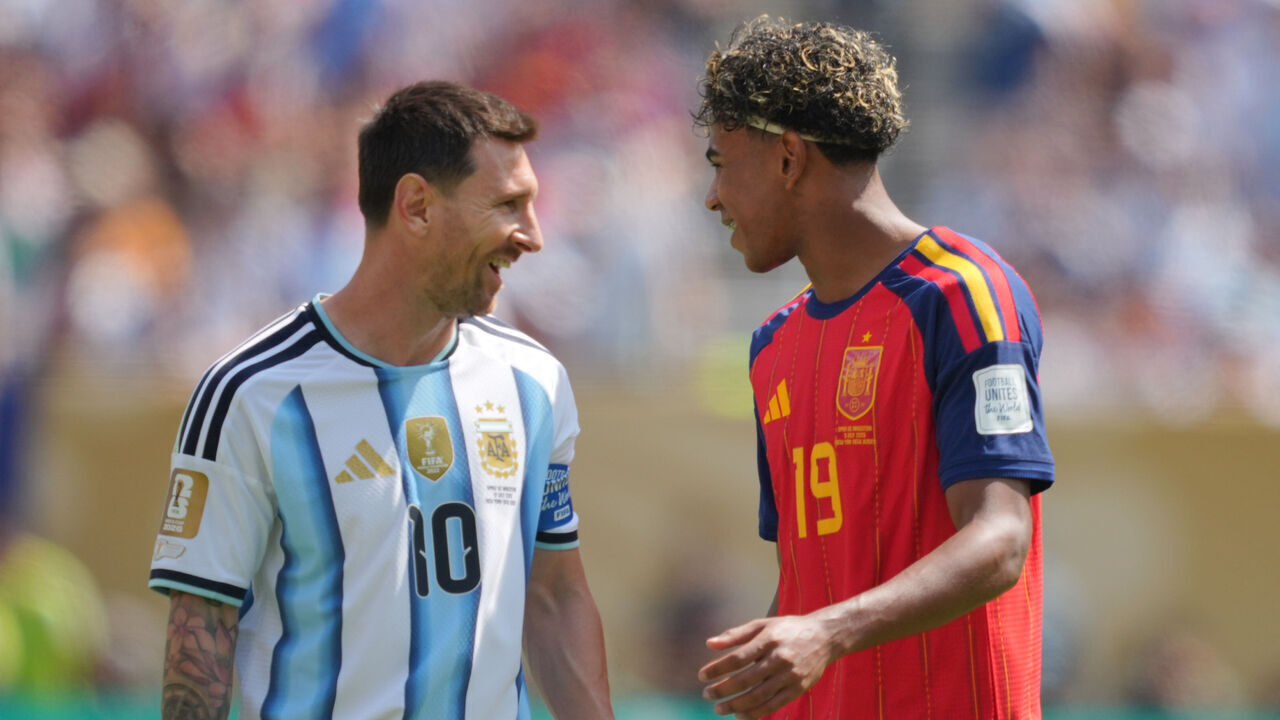 EAST RUTHERFORD, NEW JERSEY - JULY 19: Lionel Messi #10 of Argentina and Lamine Yamal #19 of Spain interact during the FIFA World Cup 2026 Final match between Spain and Argentina at New York New Jersey Stadium on July 19, 2026 in East Rutherford, United States.