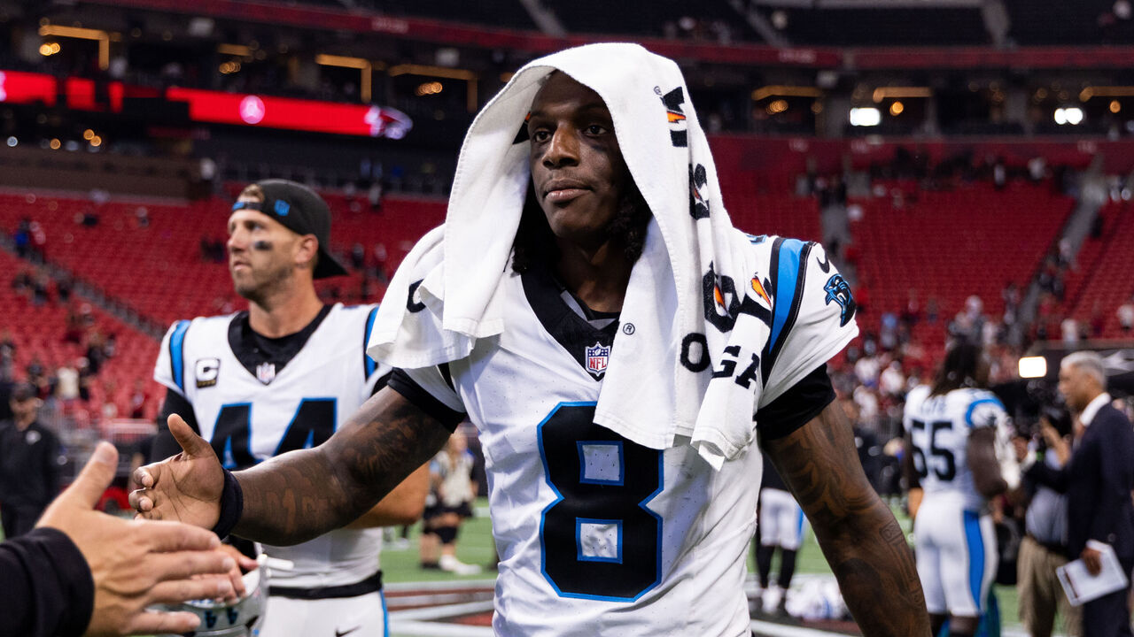 ATLANTA, GEORGIA - SEPTEMBER 20: Jaycee Horn #8 of the Carolina Panthers walks off of the field after an NFL football game against the Atlanta Falcons at Mercedes-Benz Stadium on September 20, 2026 in Atlanta, Georgia.