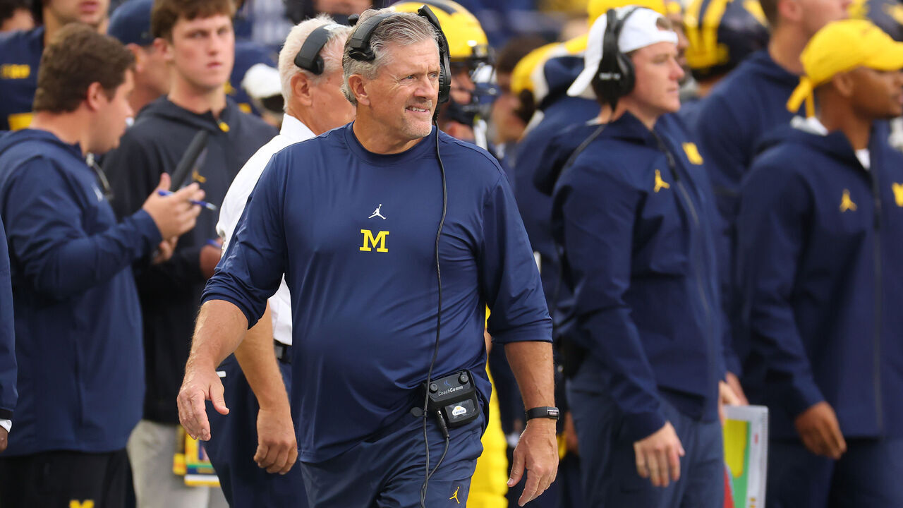 ANN ARBOR, MICHIGAN - SEPTEMBER 19: Head coach Kyle Whittingham of the Michigan Wolverines looks on while playing the UTEP Miners at Michigan Stadium on September 19, 2026 in Ann Arbor, Michigan.