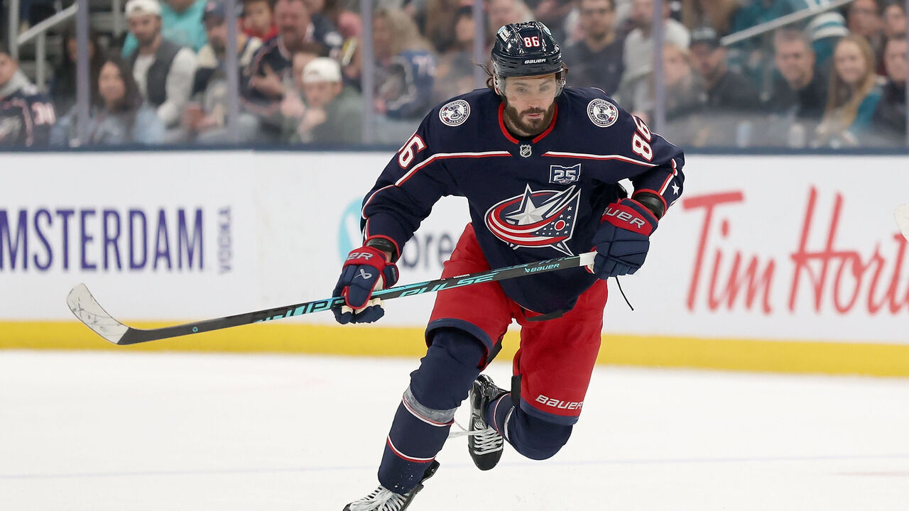COLUMBUS, OHIO - MARCH 28: Kirill Marchenko #86 of the Columbus Blue Jackets skates with the puck during the first period against the San Jose Sharks at Nationwide Arena on March 28, 2026.