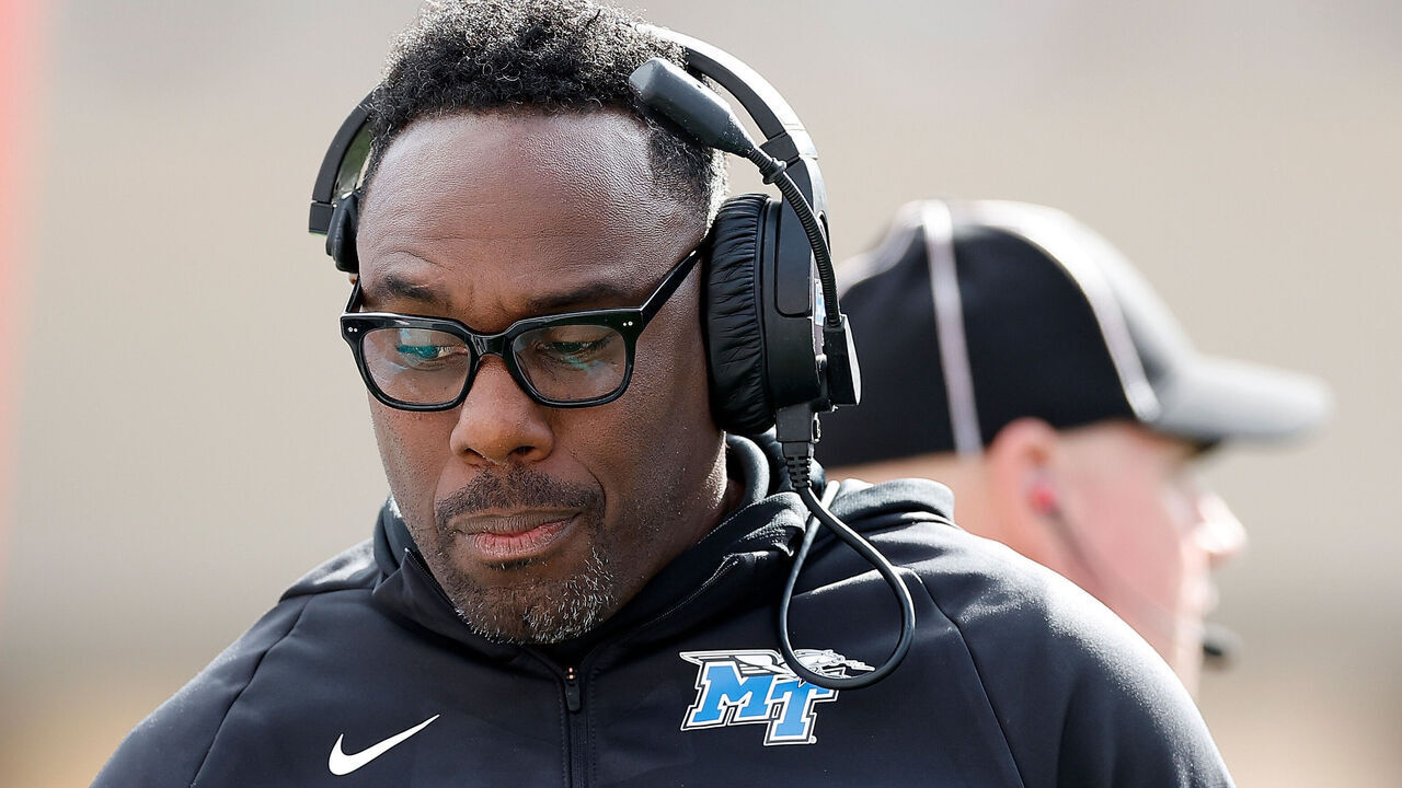 MADISON, WISCONSIN - SEPTEMBER 06: Head coach Derek Mason of the Middle Tennessee Blue Raiders looks on in the second quarter against the Wisconsin Badgers at Camp Randall Stadium on September 06, 2025 in Madison, Wisconsin.