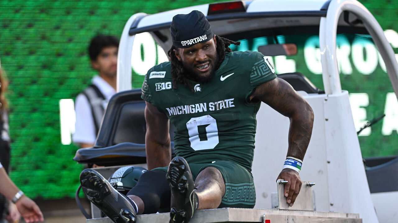 EAST LANSING, MI - SEPTEMBER 26: Michigan State Spartans running back Cam Edwards (0) gets carted off the field after suffering a first quarter injury during a college football game between the Michigan State Spartans and Nebraska Cornhuskers on September 26, 2026 at Spartan Stadium in East Lansing, MI.
