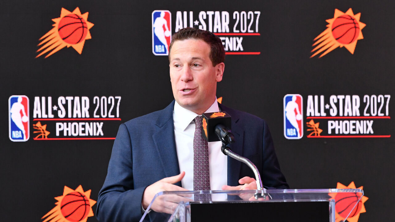 PHOENIX, AZ - MARCH 7: Mat Ishbia speaks during a press conference announcing Phoenix as the host of the NBA All-Star 2027 on March 7, 2024 at Footprint Center in Phoenix, Arizona. Mandatory Copyright Notice: Copyright 2024 NBAE