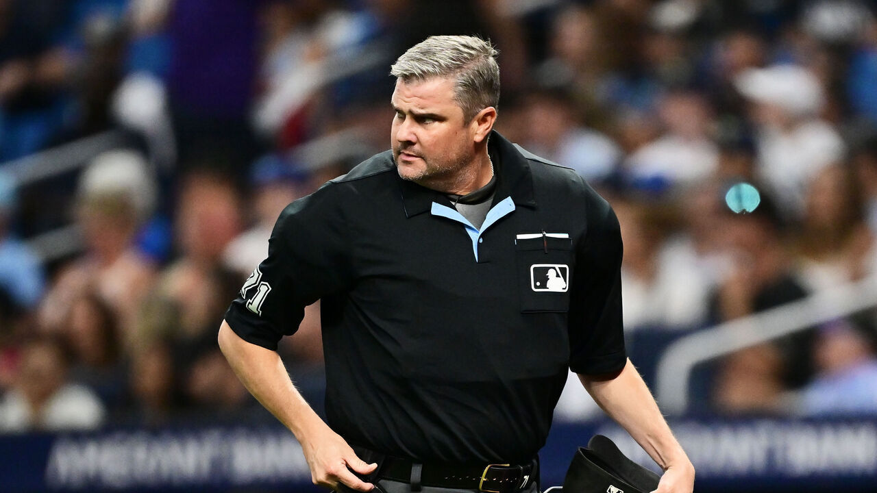 ST PETERSBURG, FLORIDA - AUGUST 14: Umpire Jordan Baker #71 looks on during a game between the Tampa Bay Rays and the Baltimore Orioles at Tropicana Field on August 14, 2026 in St Petersburg, Florida.