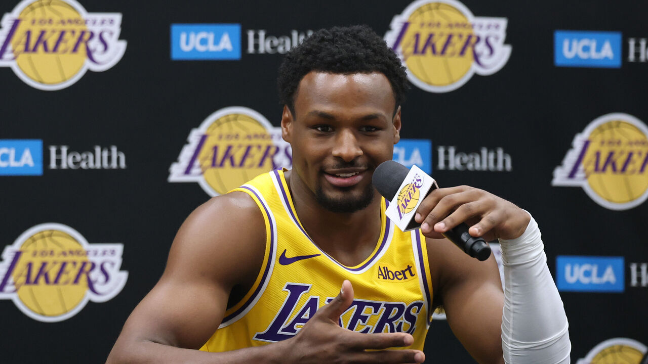 EL SEGUNDO, CALIFORNIA - SEPTEMBER 28: Bronny James #9 of the Los Angeles Lakers during Los Angeles Lakers Media Day at UCLA Health Training Center on September 28, 2026 in El Segundo, California.