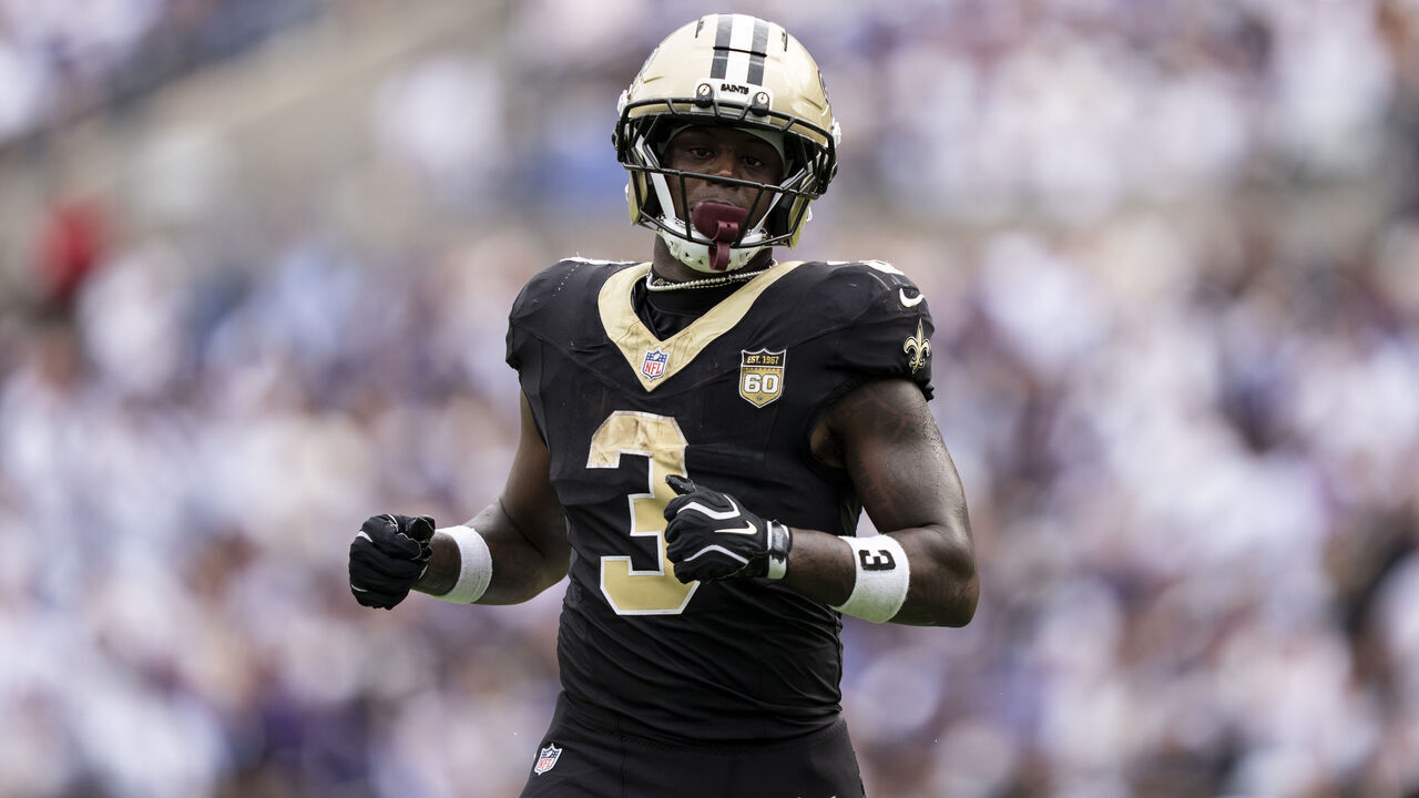 BALTIMORE, MARYLAND - SEPTEMBER 20: Travis Etienne Jr. #3 of the New Orleans Saints runs against the Baltimore Ravens during an NFL football game at M&T Bank Stadium on September 20, 2026 in Baltimore, Maryland.
