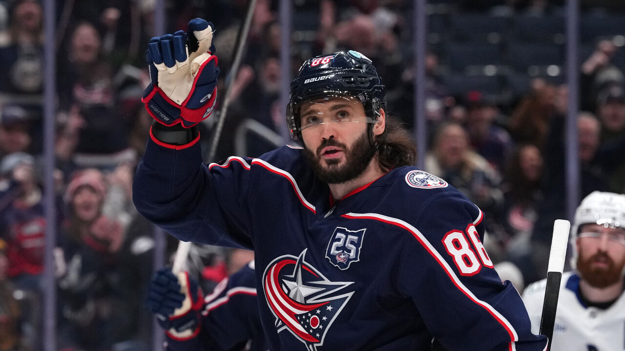 COLUMBUS, OHIO - JANUARY 15: Kirill Marchenko #86 of the Columbus Blue Jackets seen in action during the game against the Vancouver Canucks at Nationwide Arena on January 15, 2026 in Columbus, Ohio.