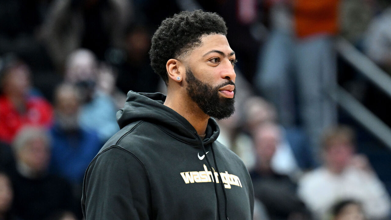 WASHINGTON, DC - MARCH 19: Anthony Davis #23 of the Washington Wizards looks on during a timeout in the second quarter of the game against the Detroit Pistons at Capital One Arena on March 19, 2026 in Washington, DC.